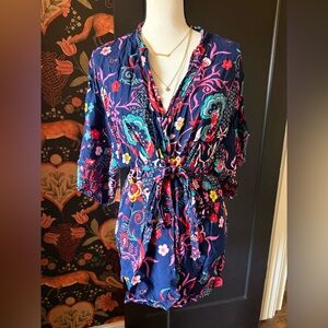 Josie Natori Women Blue Pink Floral Kimono Wrap Robe Sleepwear Front Tie Waist M